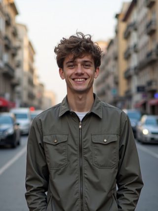 Photo of a man on a busy street, background included